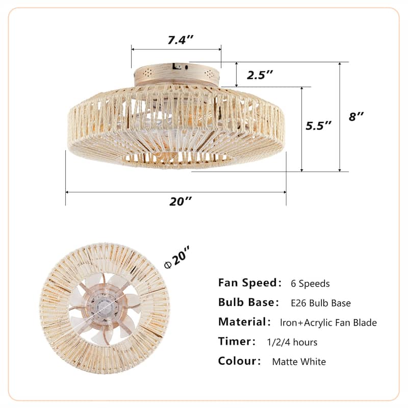 20" Rope Caged Ceiling Fans with Remote and Low Profile Chandelier 6 Speed, NOT Included Bulbs
