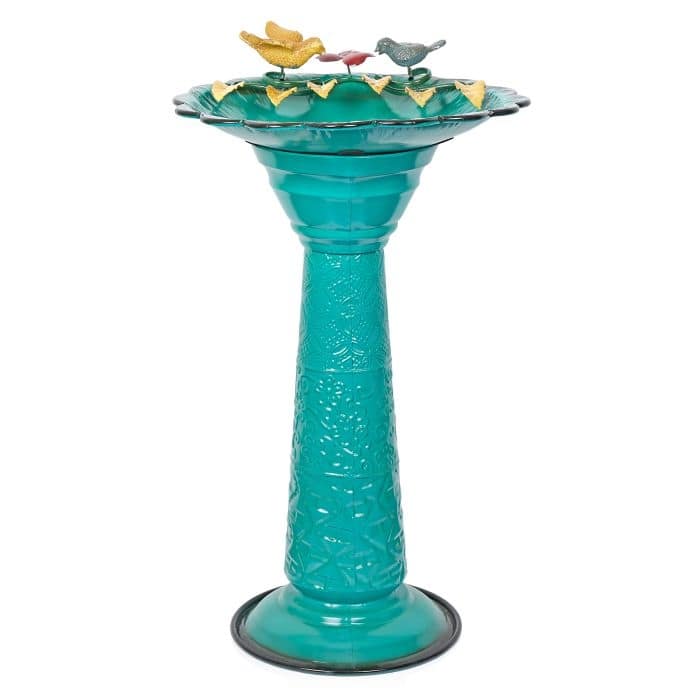 Alpine Corporation ORS112GN Vintage Metal Pedestal Birdbath with Stand, Shallow Bird Bath Bowl for Outside, 28"H, Green