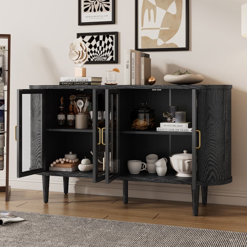 Farmhouse Sideboard Cabinet with Storage, Wood Buffet Cabinet with Glass Doors for Kitchen, Dining Room and Living Room