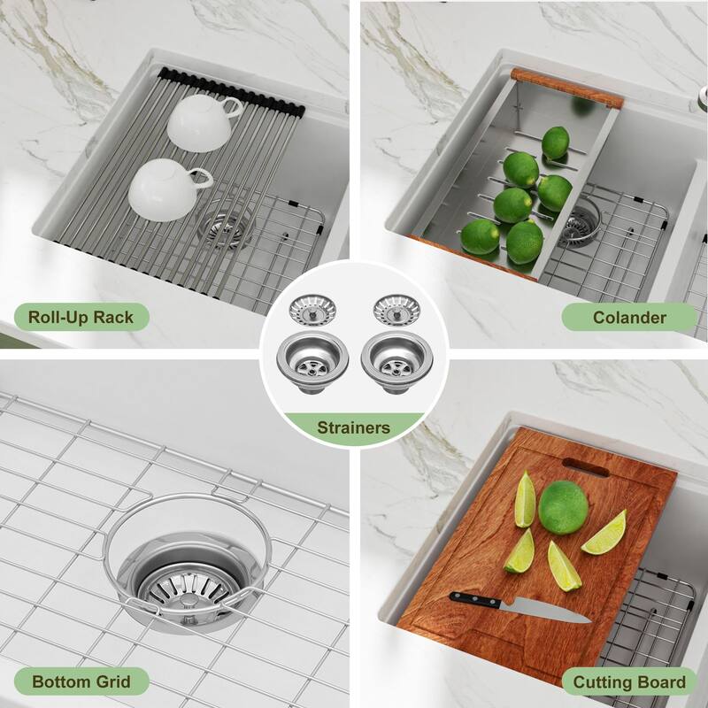 Lordear 33" Kitchen Sink Double Bowl Undermount Workstation Low Divider Quartz Composite Sink with Accessories