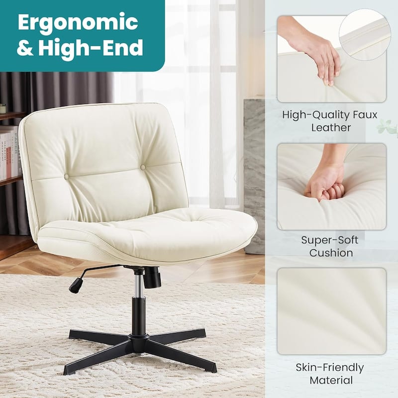 Criss Cross Legged Chair No Wheels Armless Wide Seat Adjustable Height Swivel Thick Padded PU Leather Comfortable Home Office