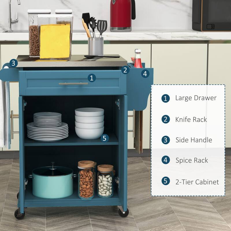 Blue Pine Wood Kitchen Island with Stainless Steel Top and Storage - 33" L x 18" W x 35.75" H