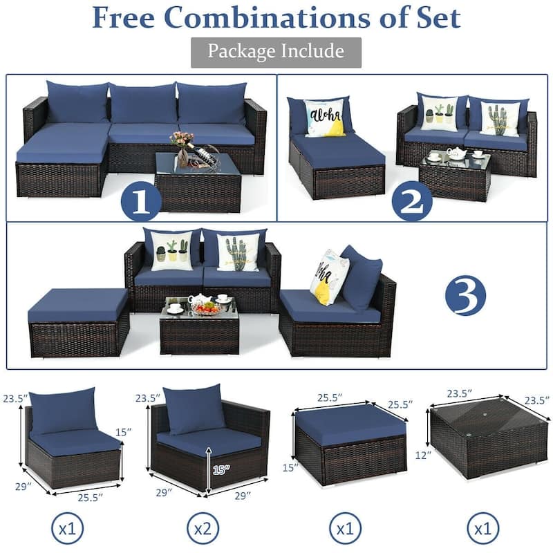 5Pcs Patio Rattan Furniture Set with Coffee Table - 29" x 29" x 23.5" (L x W x H)
