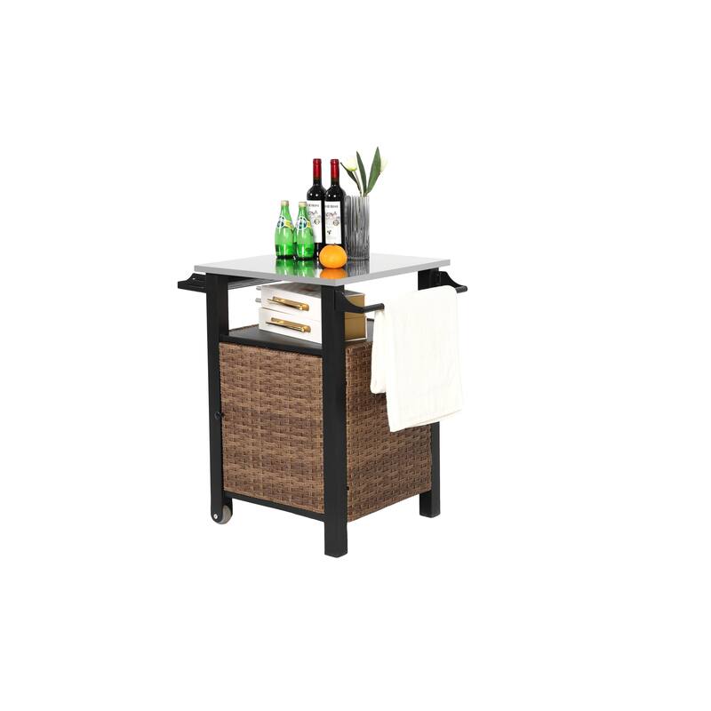 Outdoor Wicker Kitchen Island Storage Cart, Stainless Steel Extended Table Top Rolling Single Door Bar Cart, BBQ Preparation Car
