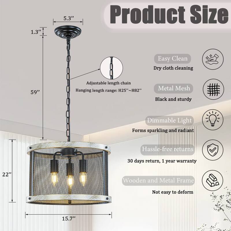 3-Light 16" Black Mesh And Weathered White Wood Frame Rustic Farmhouse Industrial Drum Chandelier Pendant Dining Room - W16''
