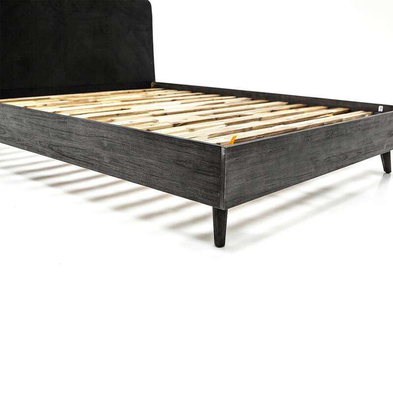 Modern Platform Bed - Gray Acacia Wood Frame & Upholstered Headboard - Low Profile Bed