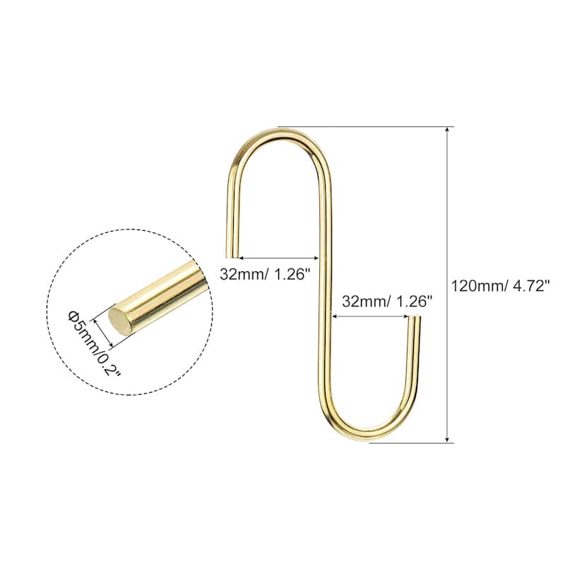 S Hanging Hooks, 5inch(120mm) Extra Long Steel Hanger, Gold Tone, 8Pcs - Gold Tone - Gold Tone