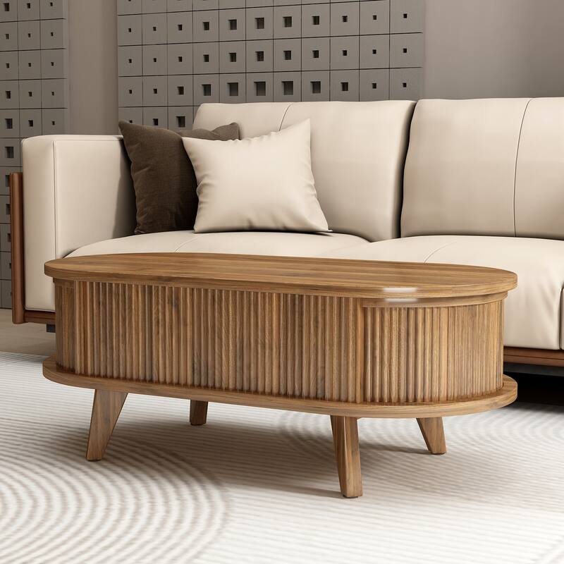 Fluted Lift Top Coffee Table with Hidden Compartment, Wooden Center Table, Modern Oval Lift Tabletop for Home Living Room