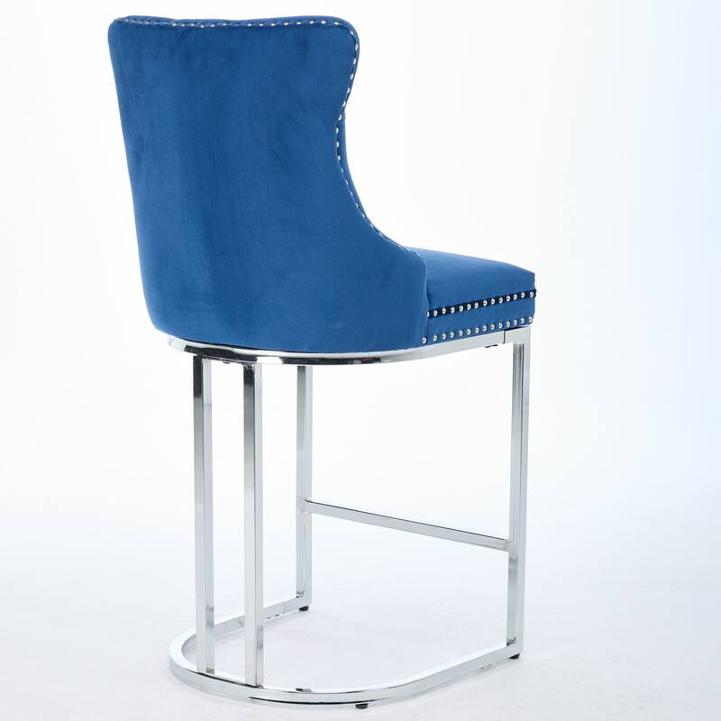Set of 2 Modern 25 Inch Counter Bar Stools Velvet Upholstered Button Back Chrome Legs