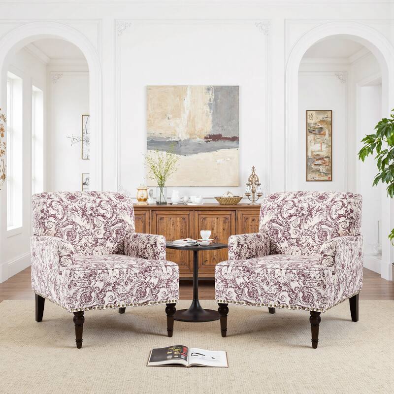 Set 2 Striped Upholstered Linen Armchair with Brass Nailhead Trim