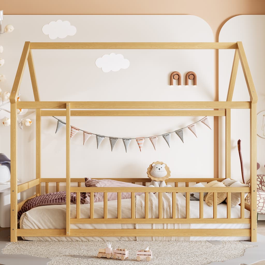 Twin Size Floor Wooden Bed with House Roof Frame, Fence Guardrails