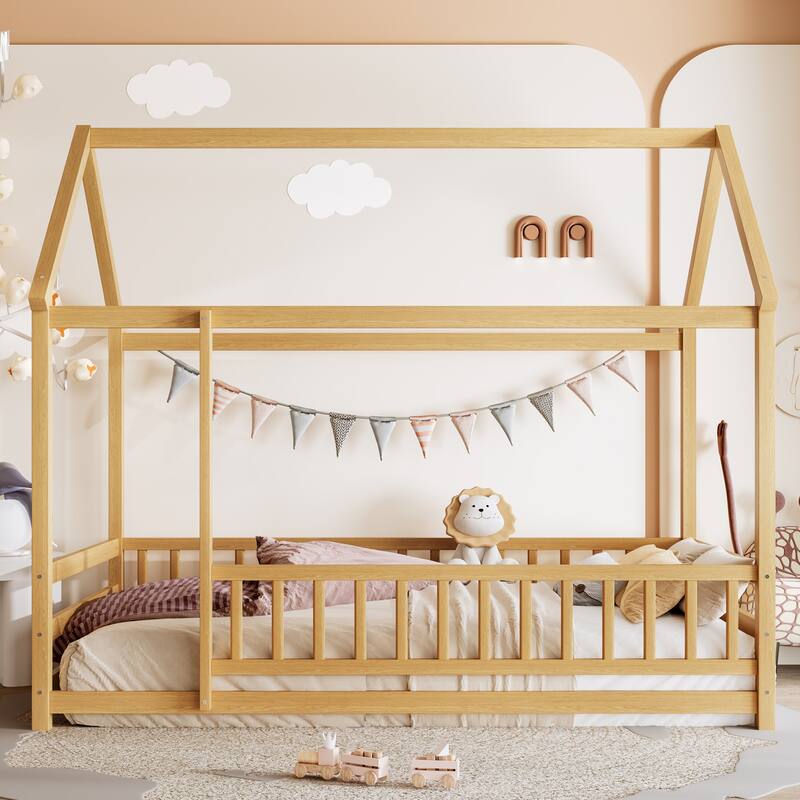 Twin Size Floor Wooden Bed with House Roof Frame, Fence Guardrails - Natural