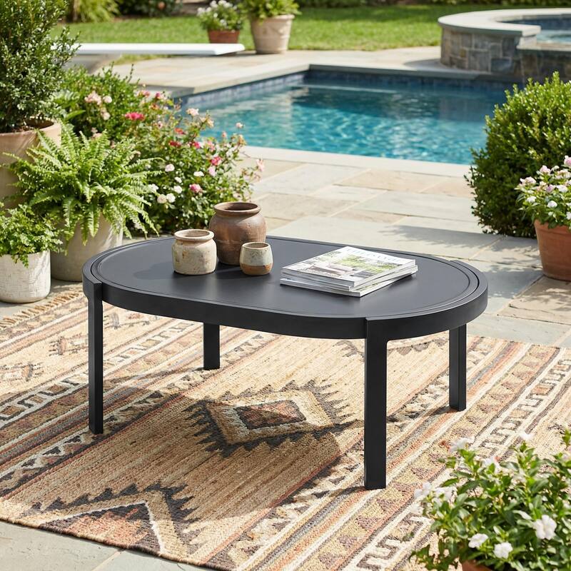 Christopher Knight Home - Aurelia Modern Aluminum Outdoor Oval Coffee Table with Tempered Glass Top - Black