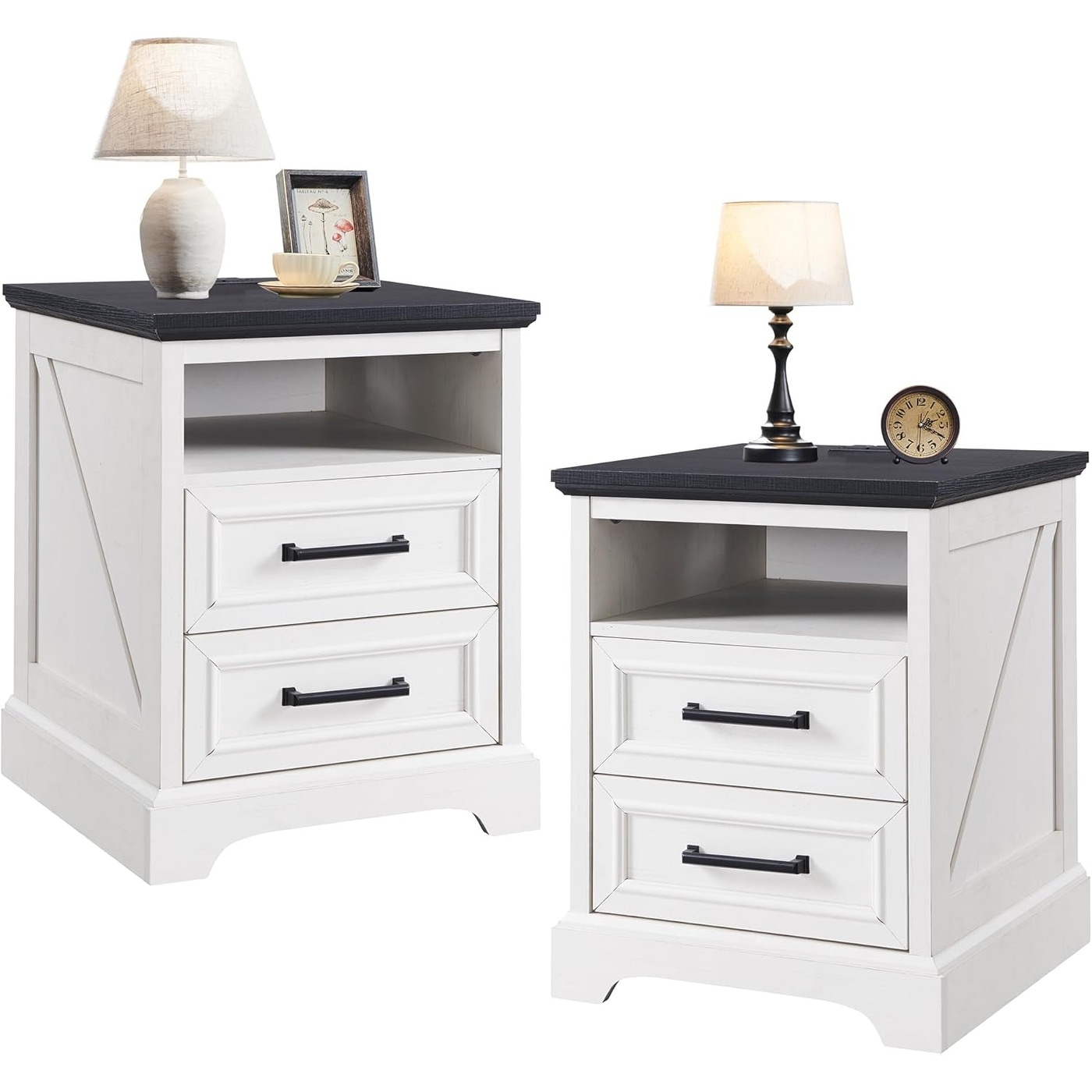 18 Inch Farmhouse Nightstand Set of 2 with Charging Station, 2 Drawers, Side Table for Bedroom, Living Room