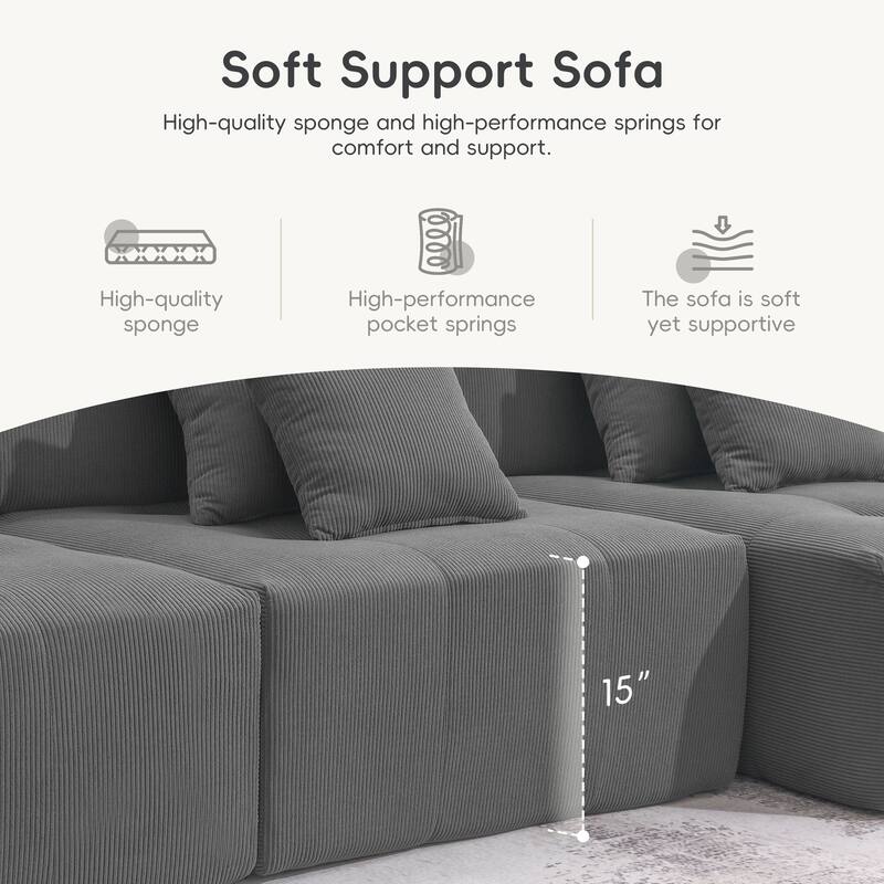 105.5" Corduroy L-Shaped Modular Sectional Sofa with Wide and Deep Seat, Tufted Design, and No Assembly Required