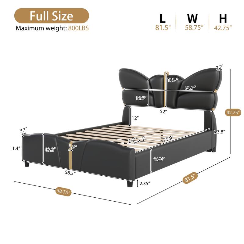Modern Upholstered Butterfly Headboard Bed Frame with Gold Metal Decorations, No Box Spring Needed, Black