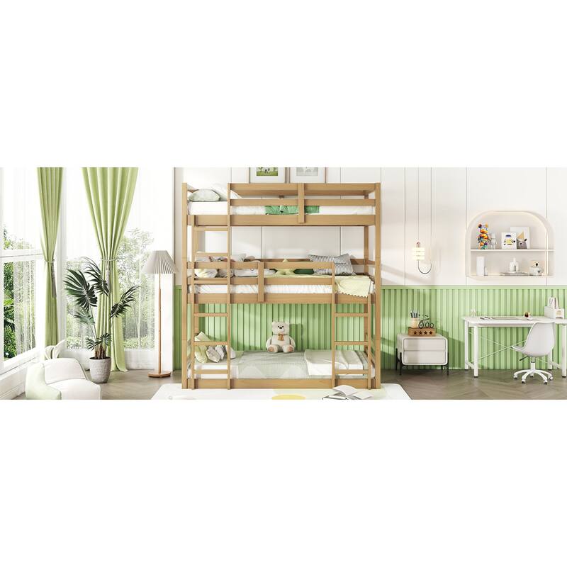Roomfitters Triple Rubber Wood Bunk Bed, Detachable Twin over Twin over Twin with Ladders and Guardrails