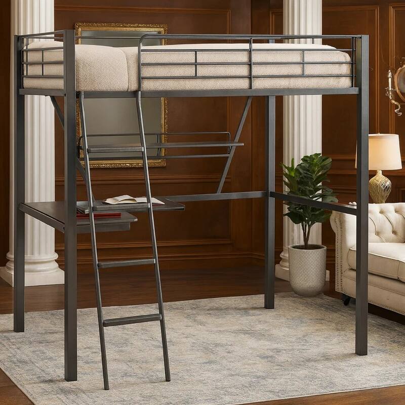 Contemporary Metal Loft Bed with Desk, Black and Silver Size - Twin