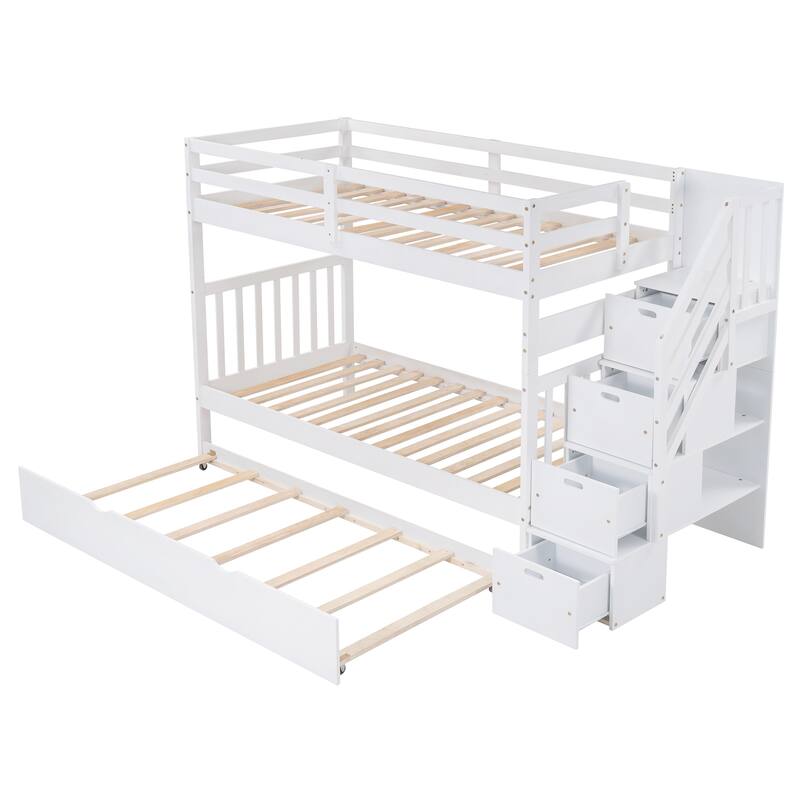 Twin Over Twin/Full Bunk Bed with Stairway Storage, Trundle, and Drawers