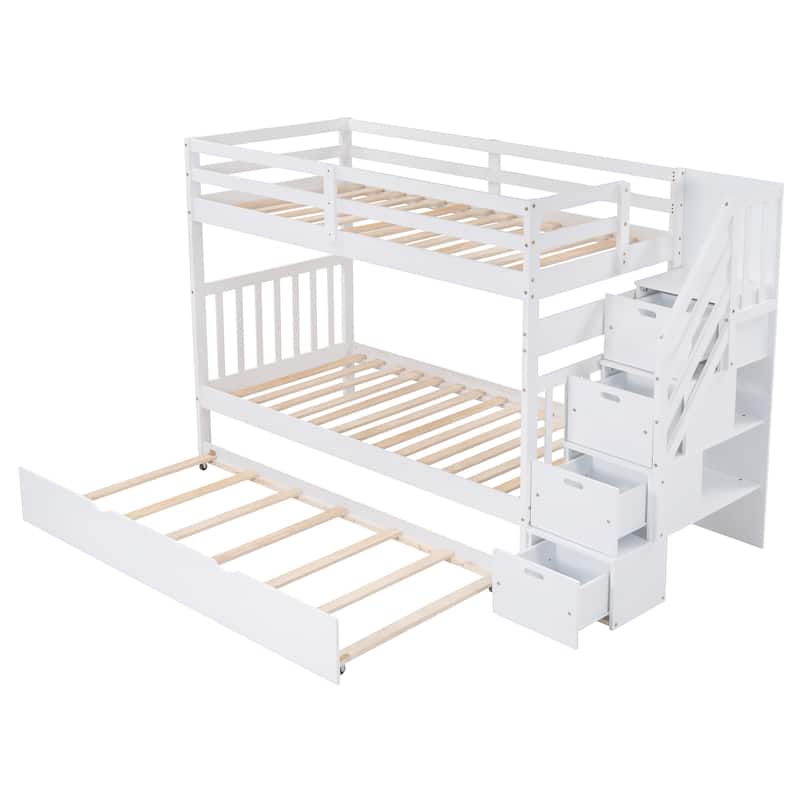 Twin over Full Pine Bunk Bed with Trundle and Storage Stairs