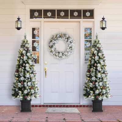 Glitzhome 4ft/5ft/6ft Pre-Lit Pine Artificial Christmas Tree in Pot with Lights and Red Berries for Porch Decor