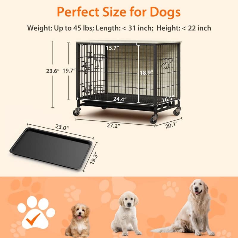 Dogs Kennel Crate Furniture with Removable Tray and Wheels