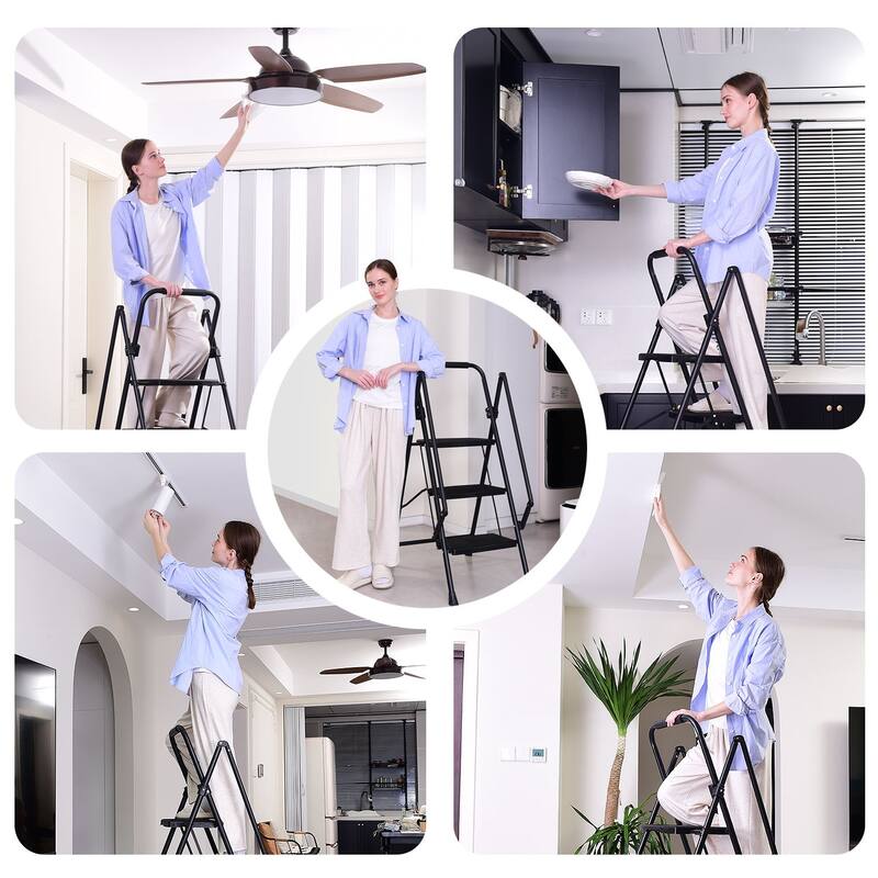 Anmytek 4 Step Folding Ladder with Wide Anti Slip Pedals and Safety Handrail Sturdy Steel Step Stool for Home and Office