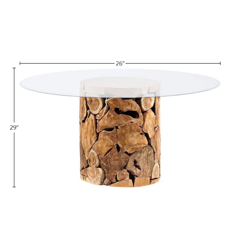 Scarlett Round Natural Teak Root Pedestal Base Glass Top Dining Table, Medium Brown