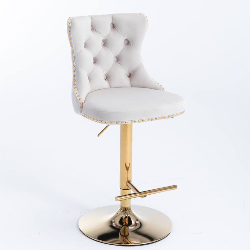 Swivel Bar Stools Set of 2, Adjustable Counter Height Upholstered Barstools with Nailheads Trim, Button Tufted Back and Footrest