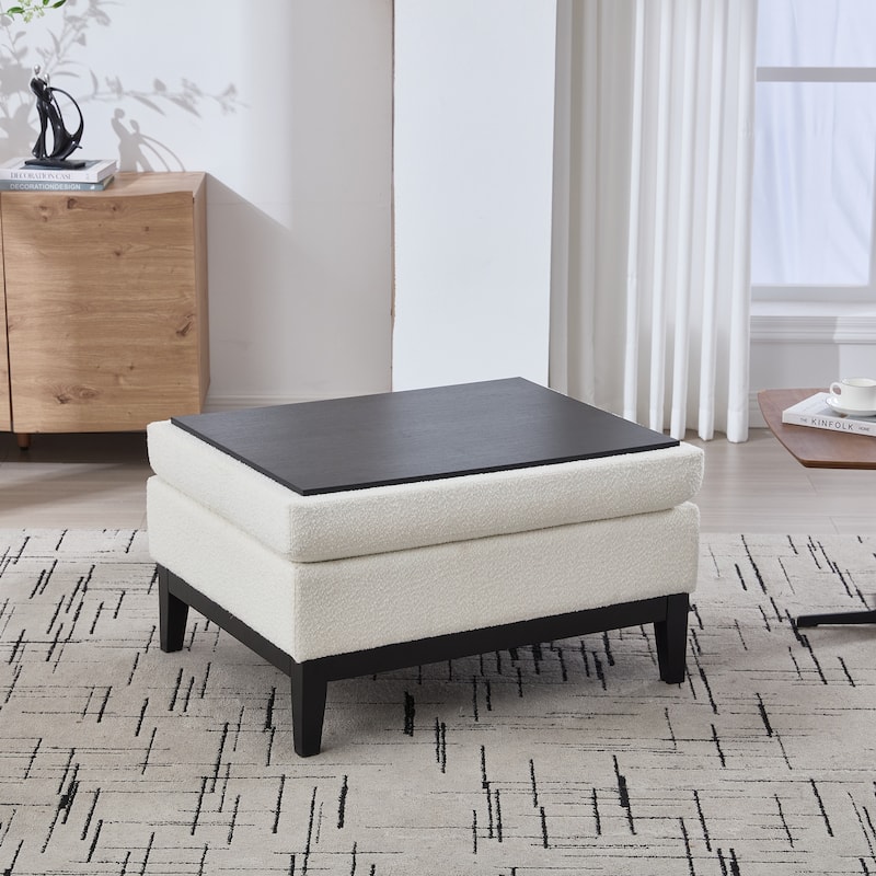 33.86"W Upholstered Wood Base Storage Ottoman With Reversible Lid Coffee Table, Foot Stool Square Footrest with Rubberwood Legs
