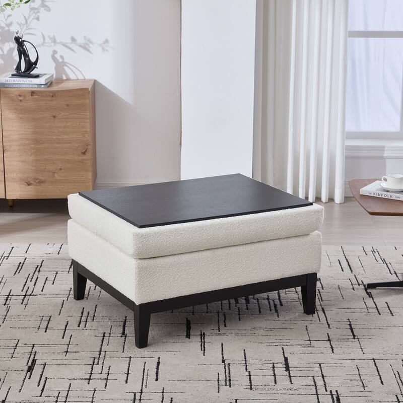Roomfitters Storage Ottoman, Boucle Coffee Table Footstool with Reversible Lid and Wood Base for Living Room or Bedroom
