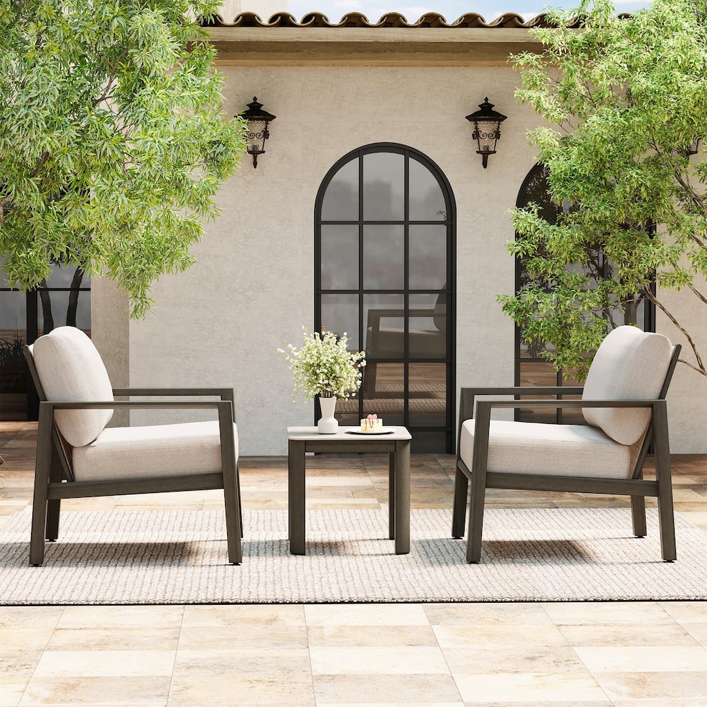 Nimbus 3-Piece Brown Aluminum Patio Conversation Set with Sunbrella Light Gray Cushions and Side Table