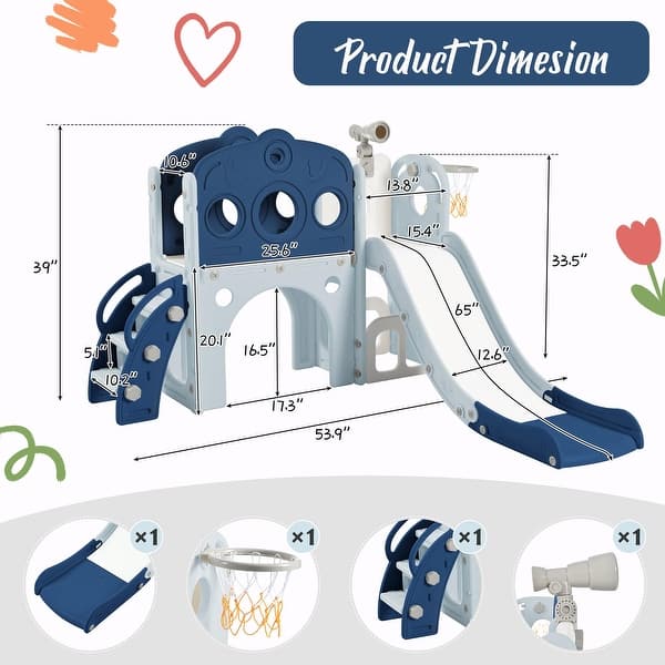 dimension image slide 0 of 3, 7-in-1 Toddler Slide Set - Spaceship Playset with Slide, Arch Tunnel, Basketball Hoop, and Toy Storage