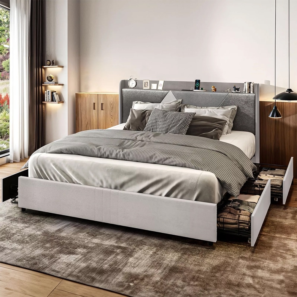 King Size Bed Frame Upholstered Headboard USB Charging Station Drawers