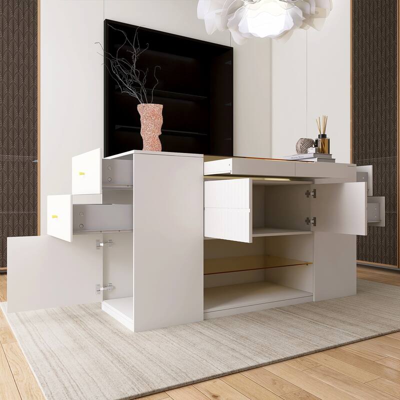 Cream White 6 drawer 60.40 in. Wide Dresser with Glass Tabletop