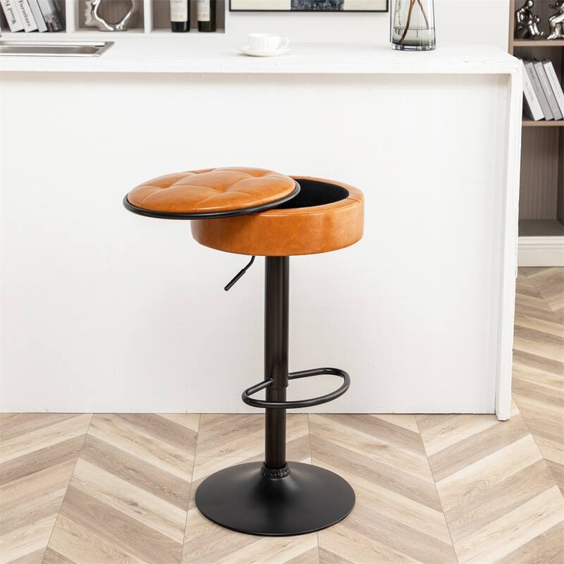 Round Storage Bar Stool Set of 2,Height Adjustable with Metal Frame