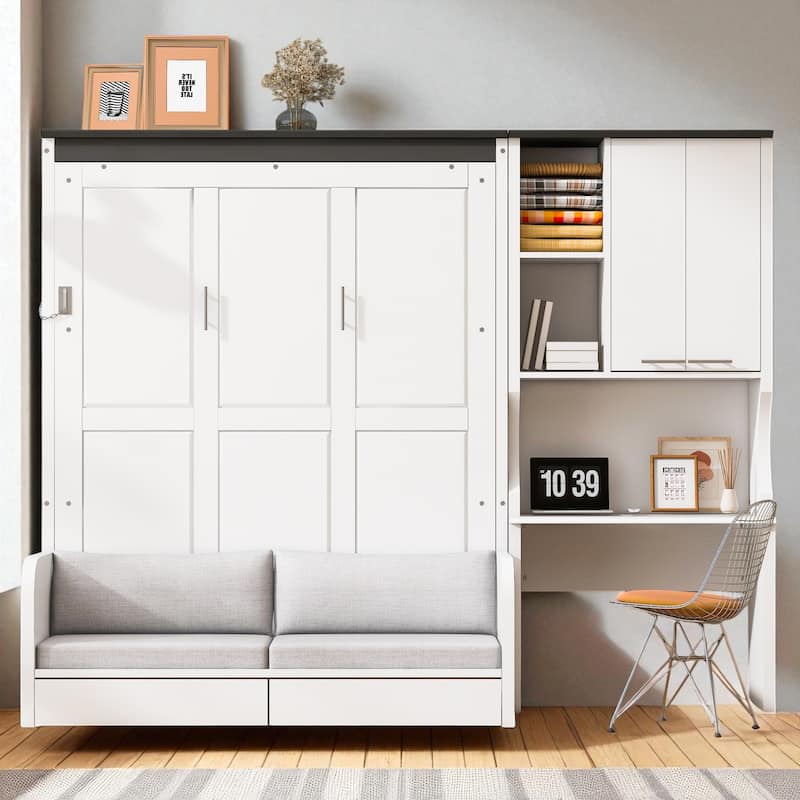 Full/Queen Murphy Bed with Sofa, Desk, and Storage Cabinet - Space-Saving Foldable Wall Bed Design - White - Full