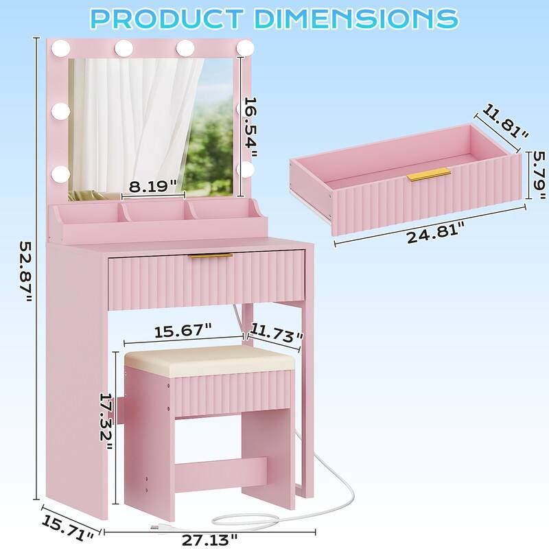 Particle Board Veneered with Textured Melamine, 1-drawer 3-compartment Dressing Table Set with 8 Three-color Dimmable Bulbs