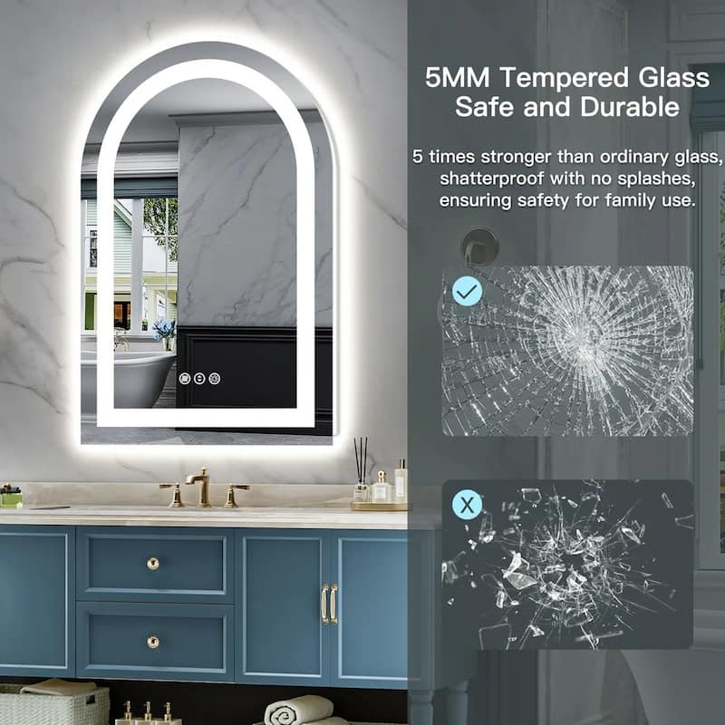 Full Size Arch Front & Back LED Lighted Anti-fog Tempered Glass Wall Bathroom Vanity Mirror, ETL Certified, 3-Year Warranty