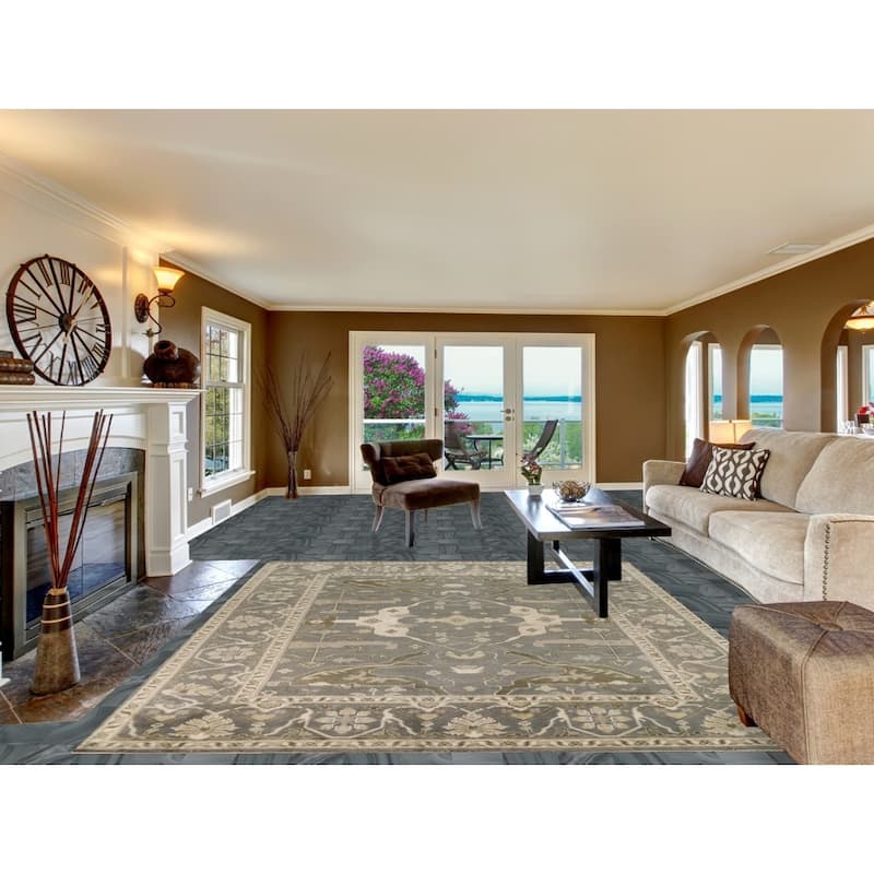 Transitional Gray Oushak Indian Area Rug Hand-Knotted Wool Carpet - 8'1" x 9'9"