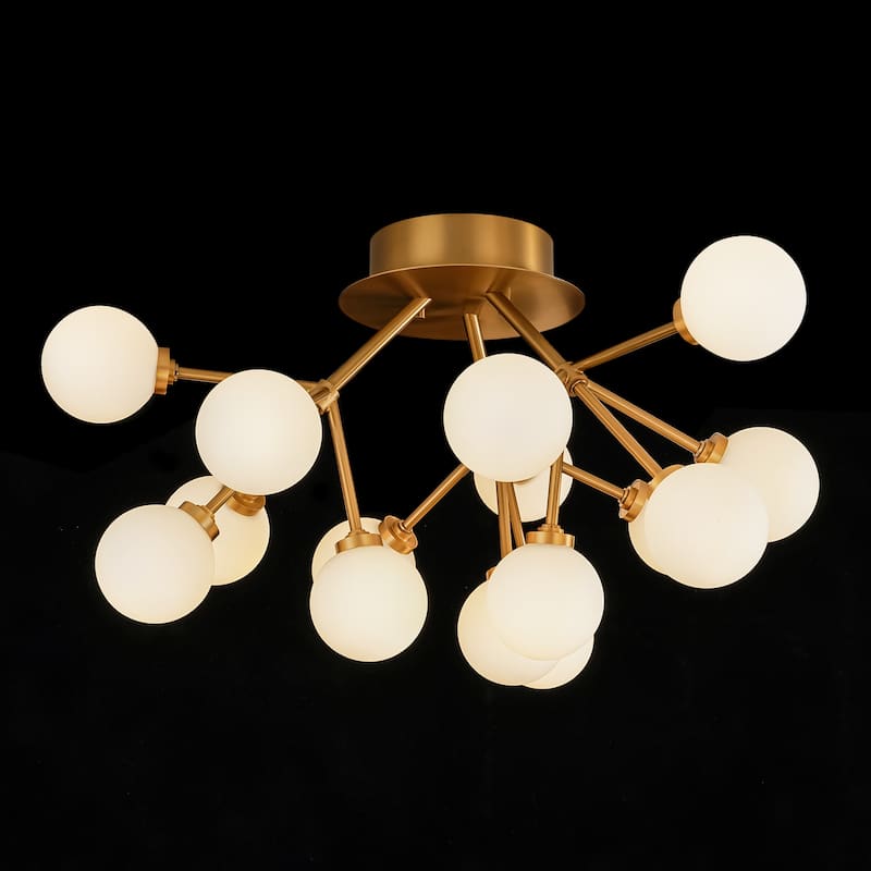 Allegra 15-Light Modern Gold Sputnik Cluster Frosted Opal Glass Globe Bubble Semi-Flush Mount LED Light