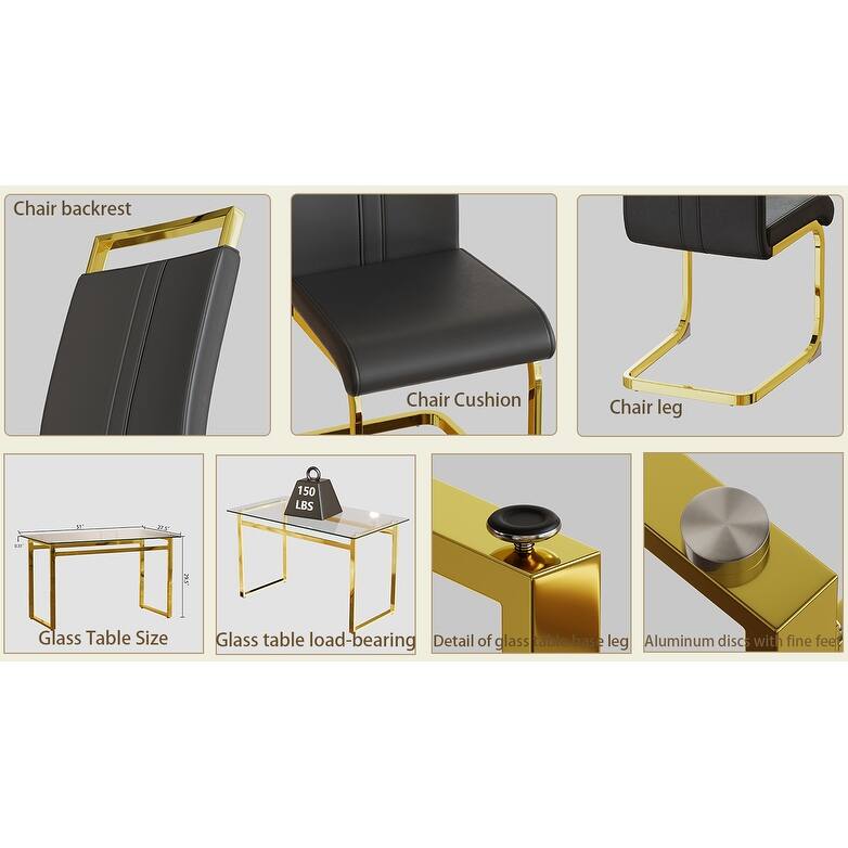 5-Piece Glass Dining Table Set with Gold Metal Legs and 4 PU Upholstered Chairs