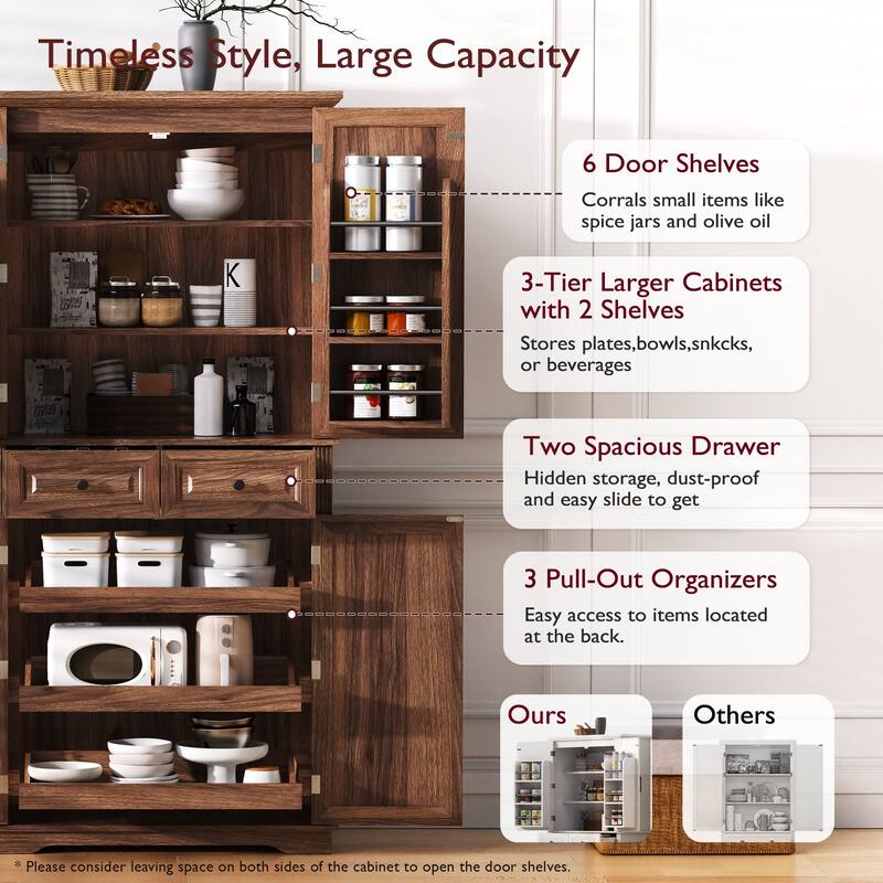 71"Tall Kitchen Pantry Cabinet with 3 Pull Out Cabinet Organizers,Embossed Texture Storage Cabinet with 6 Door Shelves,2 Drawers