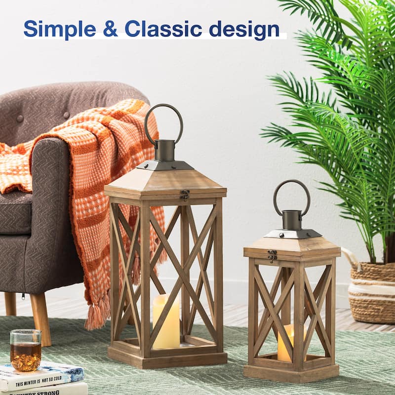 Glitzhome Set of 2 Farmhouse Wooden Lantern Hanging Candle Holders Fall Wedding Decor - 24"+17"