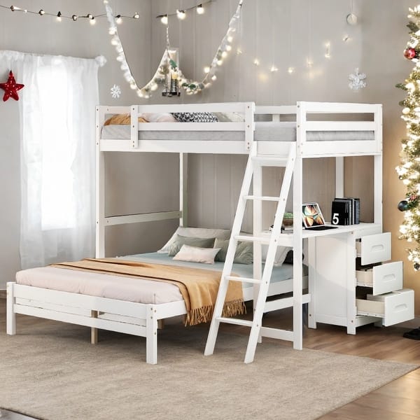 slide 2 of 45, Twin over Full Bunk Bed with Built-in Desk and Three Drawers,Multifunctional Loft Bunk Bed With Storage White