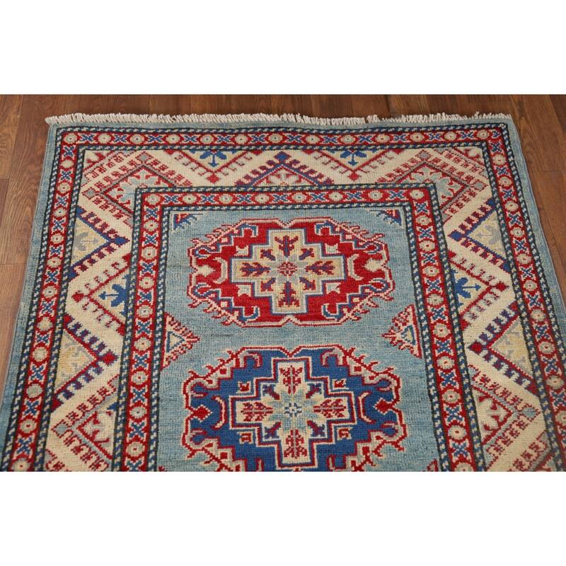 Light Blue Kazak Runner Rug Handmade Wool Carpet - 2'11" x 9'7"