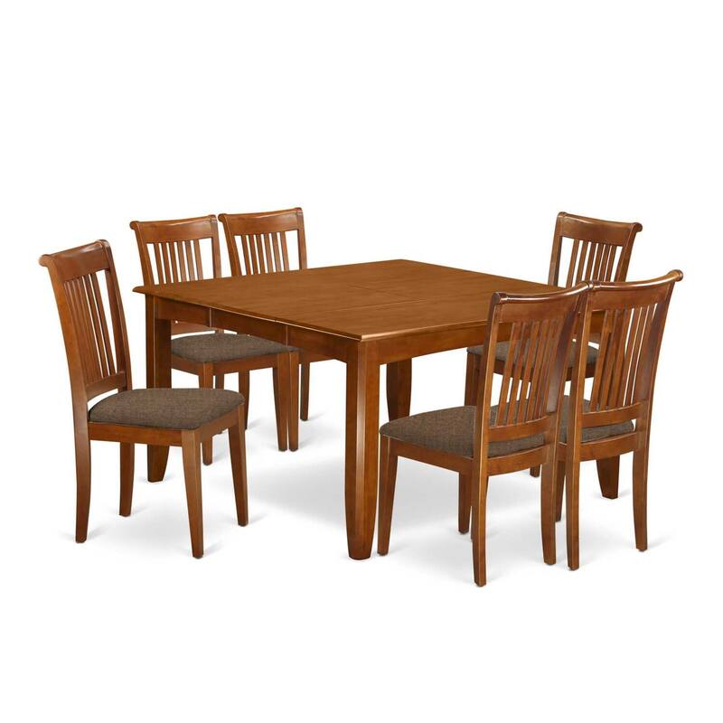 HomeStock 7-Piece Square Saddle Brown Finish Solid Wood Top Dining Table with 6-Chairs with Lattice Back