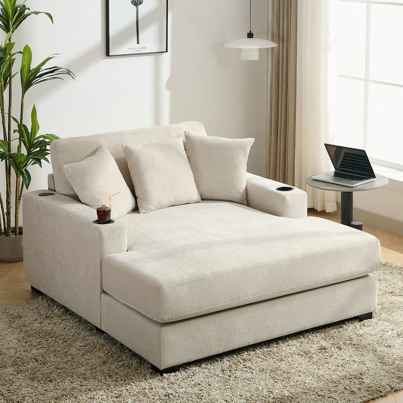 Chenille Fabric Chaise Lounges Couch with Pillows Charge Station and Cup Holders Lounge Chair Oversized Single Sofa Accent Chair - Cream - 55"W