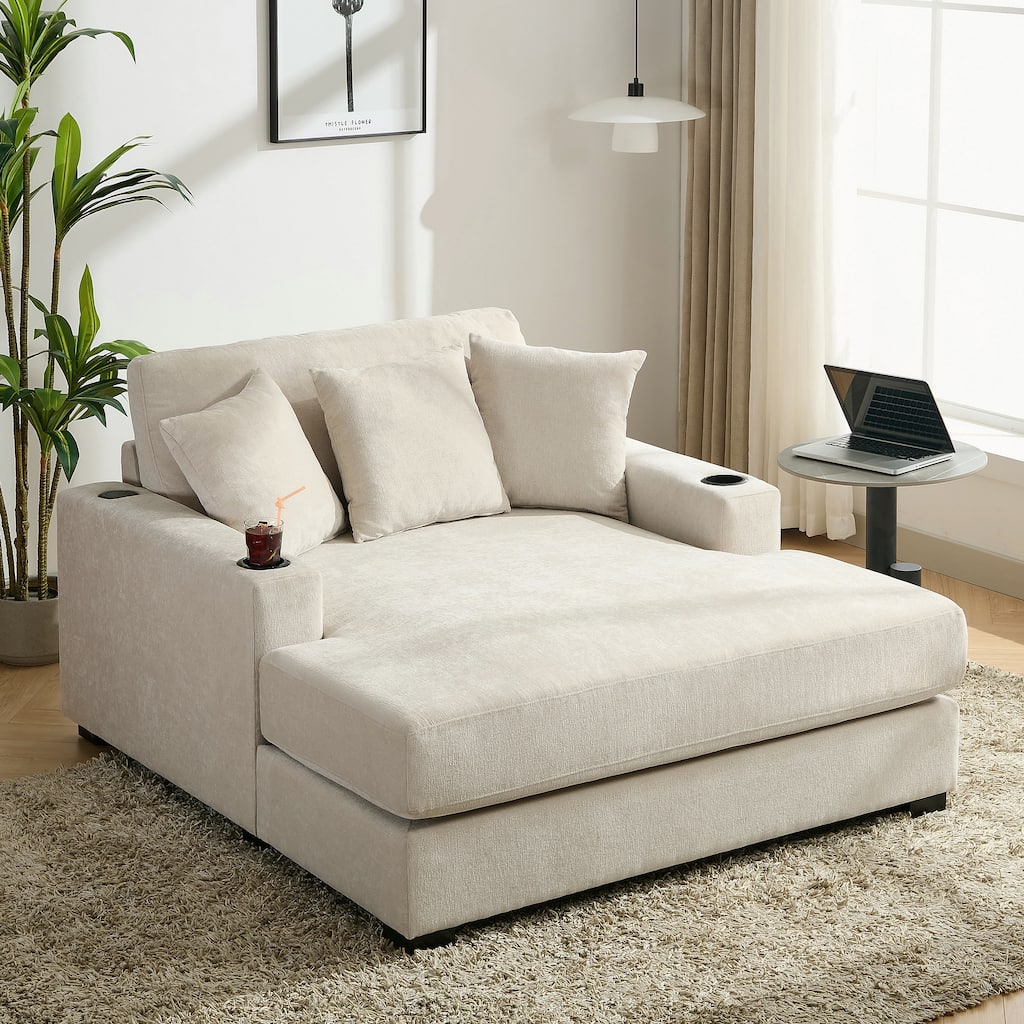 Merax 55" Oversized Chenille Fabric Chaise Lounger with Pillows