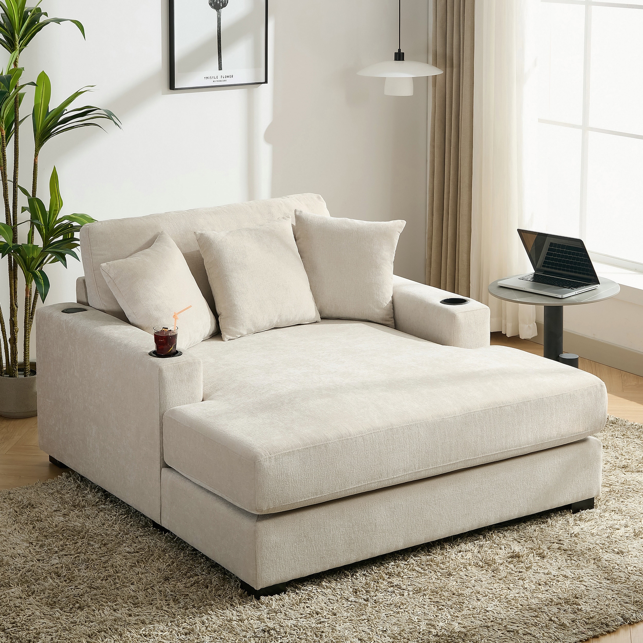 Merax 55" Oversized Chenille Fabric Chaise Lounger with Pillows